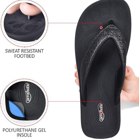 AEROTHOTIC  Slip On Recovery Footwear Plantar Fasciitis Flip Flops Sz: 39 Black - Picture 4 of 12